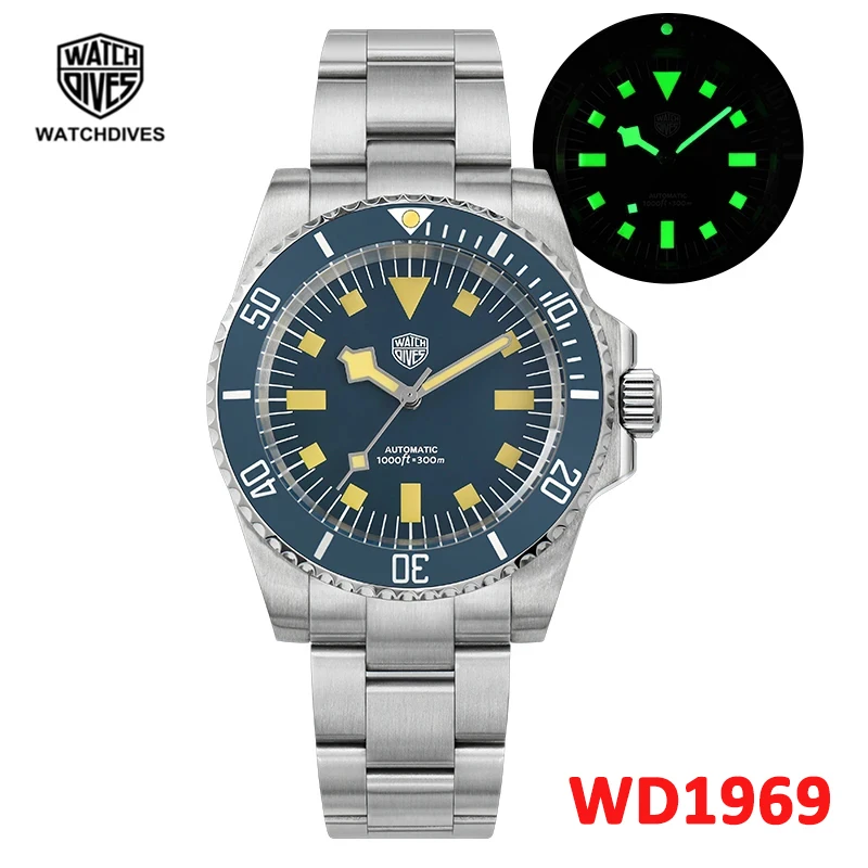 Watchdives WD1969 Men's Dive Watch NH35 Automatic Mechanical Domed Sapphire Crystal 30Bar C3 Super Luminous Fashion Wristwatch mechanical watch,diver watch