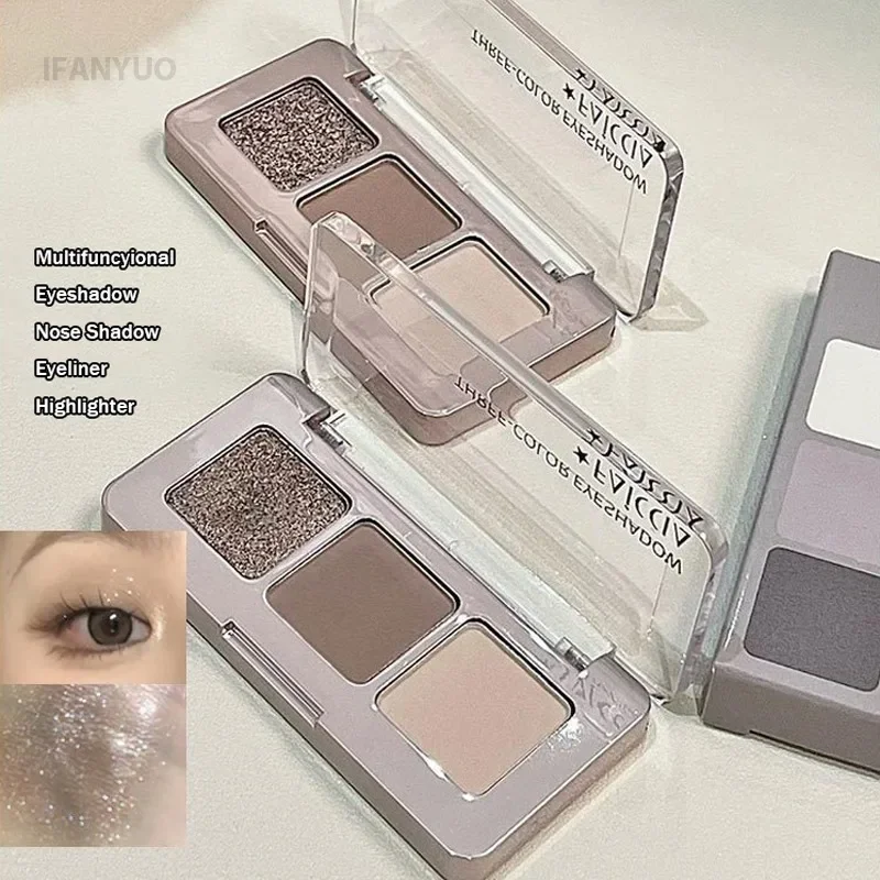 Mini Cement Eyesahdow Palette Sparkling Sequins Pearly Matte Silkworm Brighten Nose Shadow Contour 3-Color Glitter Eye Pigment
