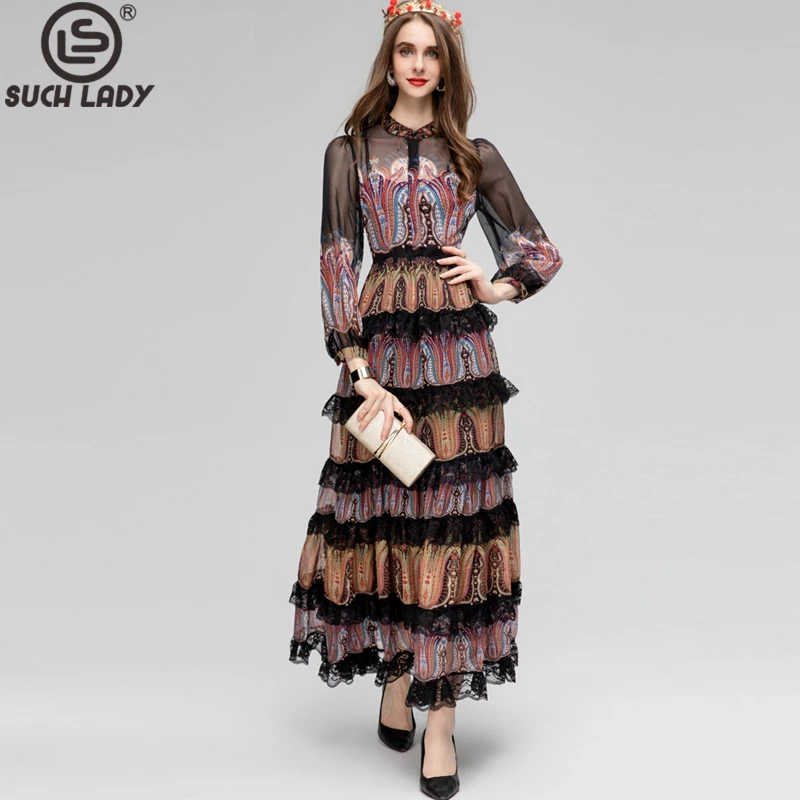 

Женское модельное платье с воротником-стойкой, длинным рукавом и многоярусными кружевными вставками и оборками, дизайнерские трапециевидные платья