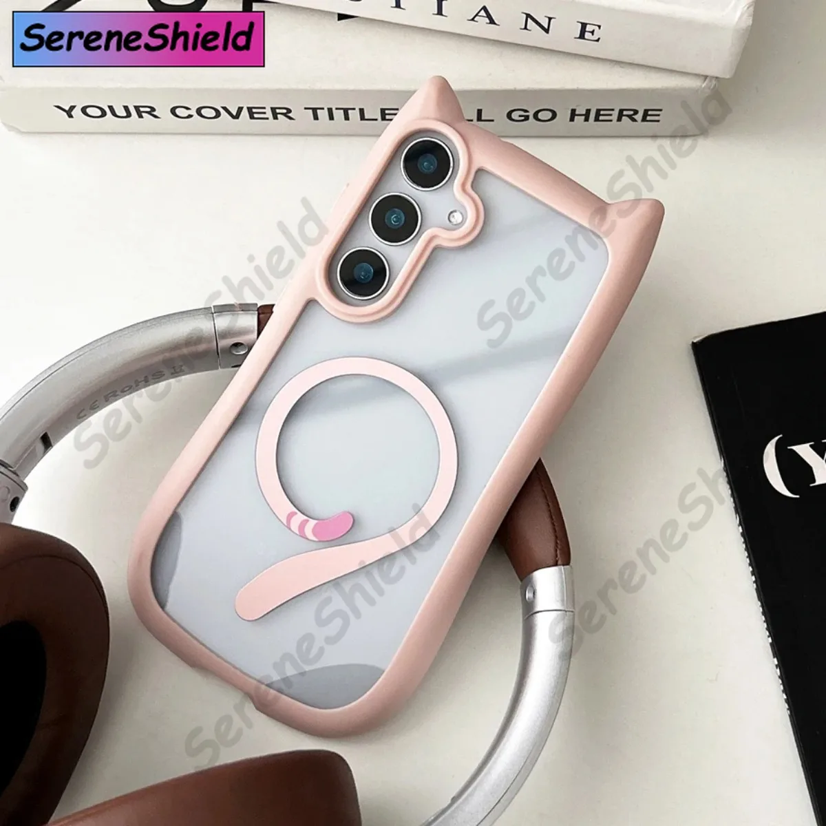 Cute Cat Ear Transparent Magnetic Charging Case with Soft Border