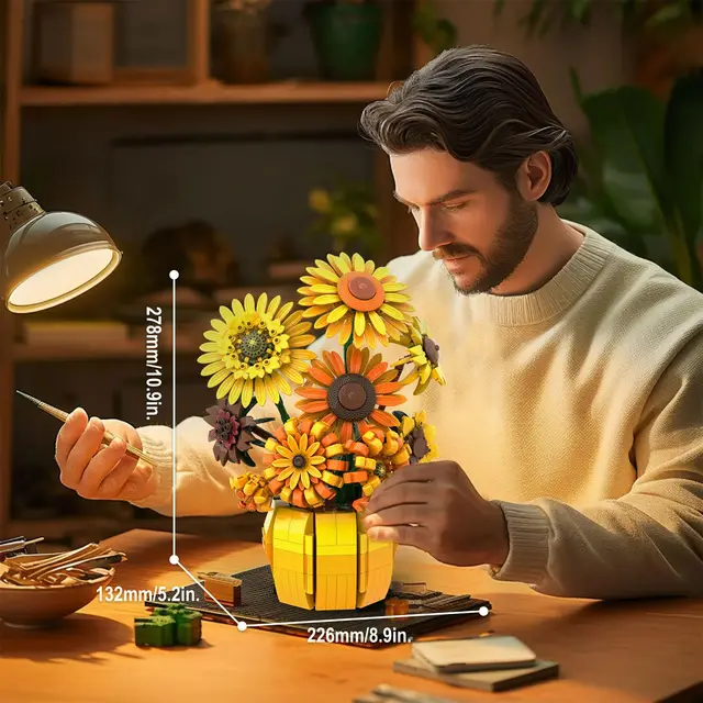 1009PCS Sunflower Building Blocks Flower Bouquet Vase Model Bricks Set Idea Home Decoration Kids Educational Toys Holiday Gifts 6
