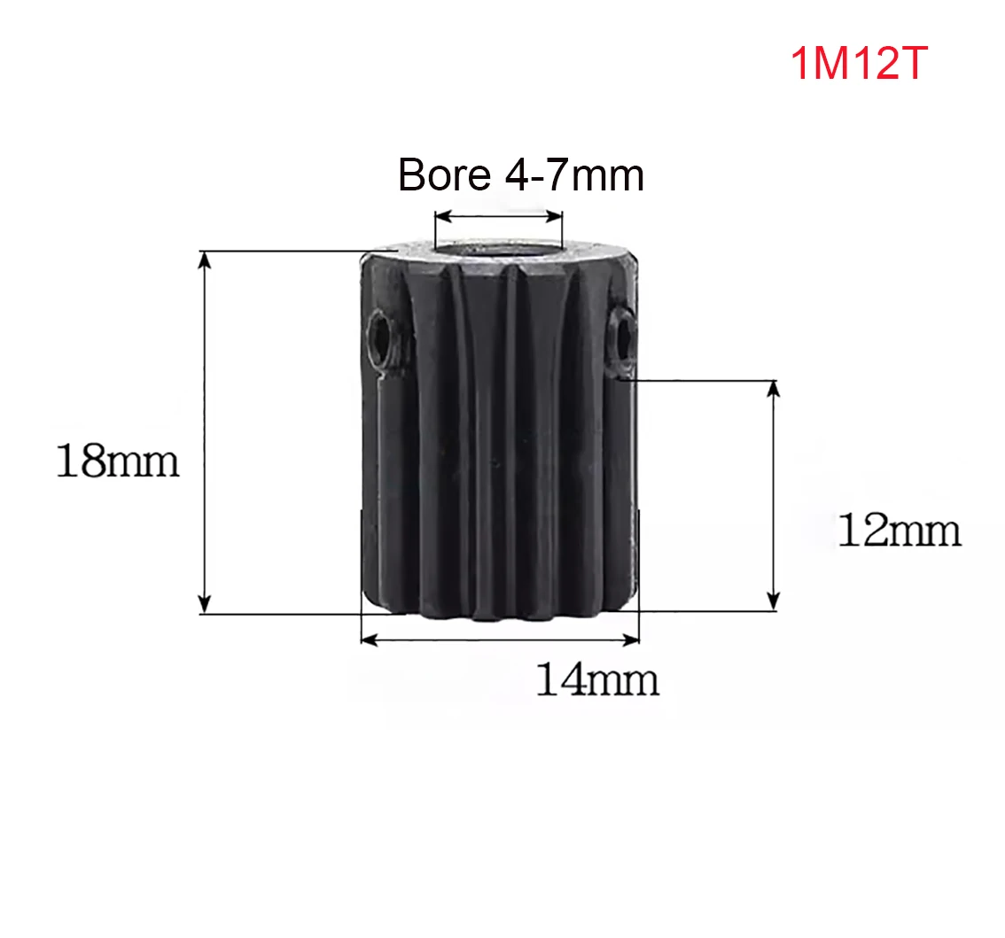 Description Picture 4 of item1/2/5Pcs 1 Mod Pinion Gears 10T 12T 14T Motor Gear 1M 45# Steel Blackening Mechanical Transmission Spur Gear Bore 4-8mm