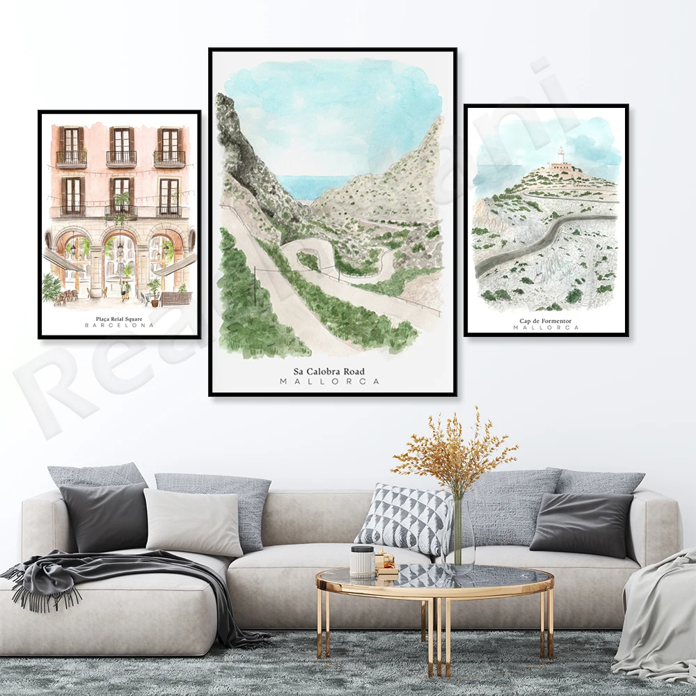 바르셀로나, 레이알 광장, 라스 람블라스, Sa Calobra Road, Cap de Formentor, 말라카 스페인 수채화 여행 포스터 아트 프린트