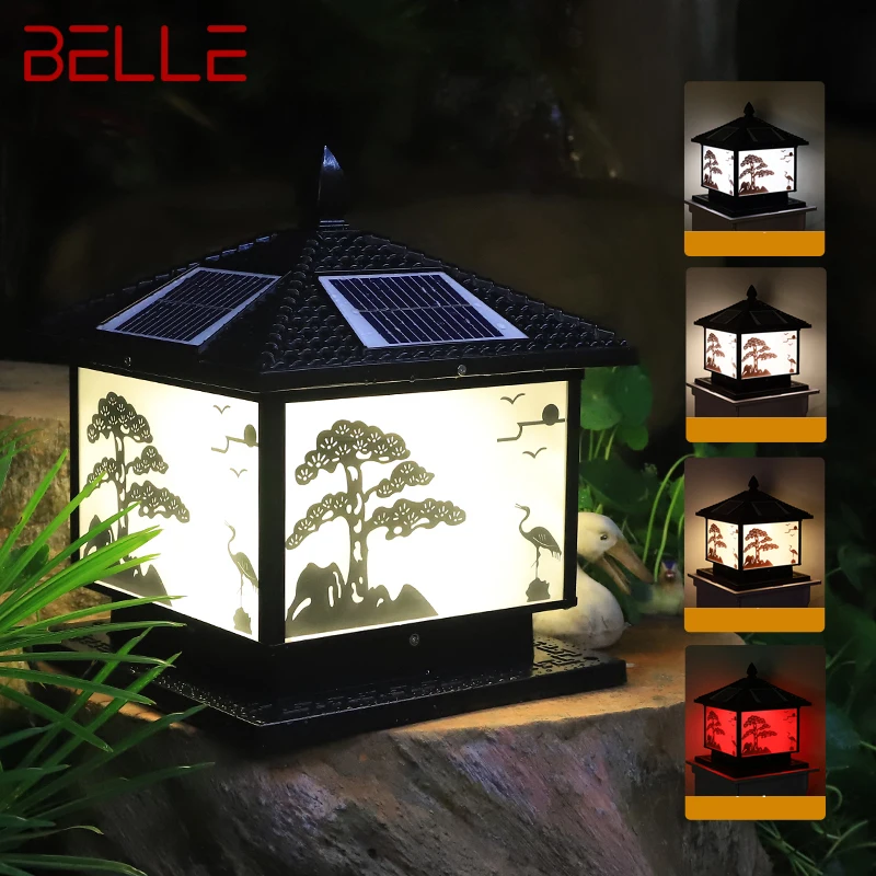 BELLE Solar Post Lamp Outdoor Vintage Pine Crane Decor Pillar Light LED Waterproof IP65 for Home Courtyard Porch