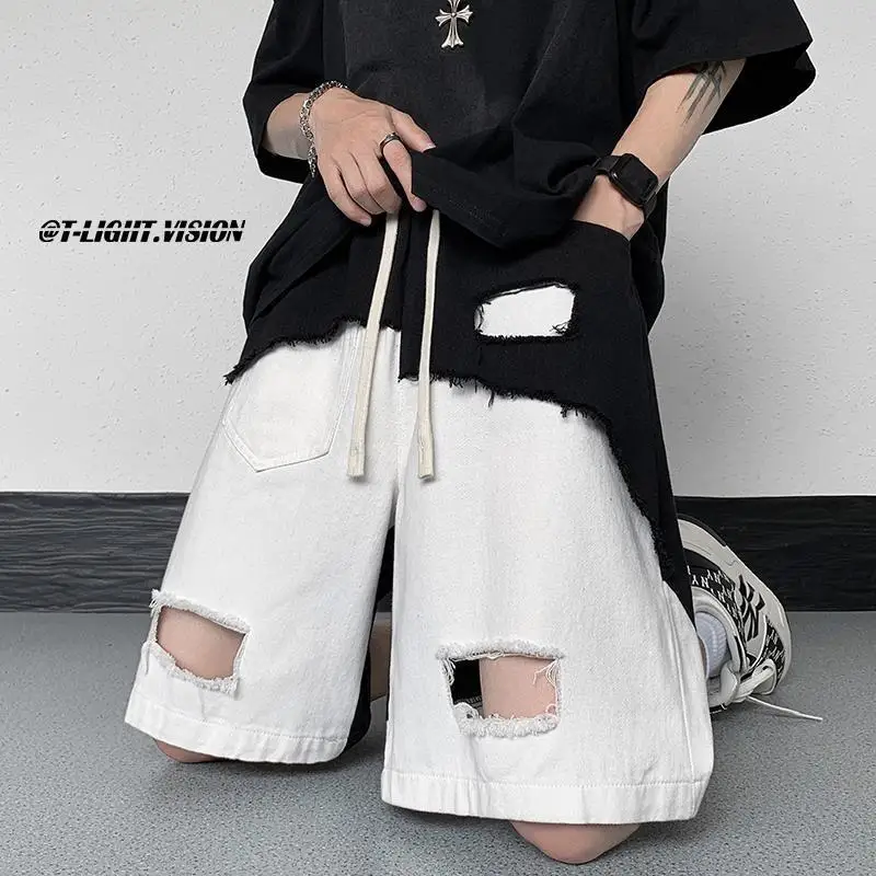 Irregular Ripped Denim Shorts Men'S Design Sense Contrast Paneled Raw Pants Summer American High Street Pants