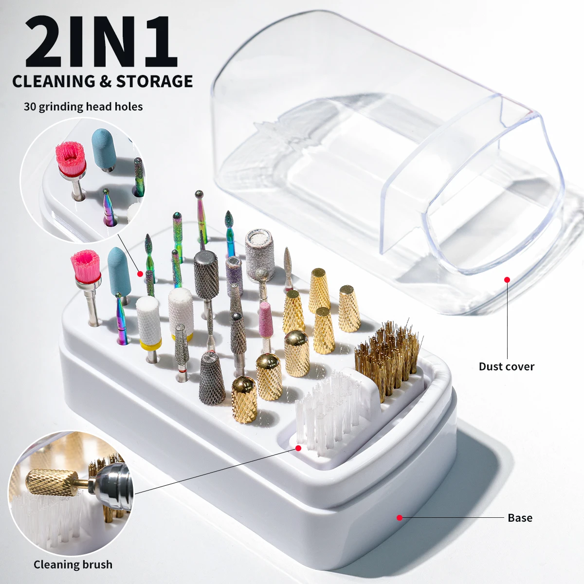 2IN1 Nail Polishing Head Cleaning Dust Display Box 30 Holes Nail Polish Head Organizer Acrylic Portable Organizer Dustproof Nail Art Tool