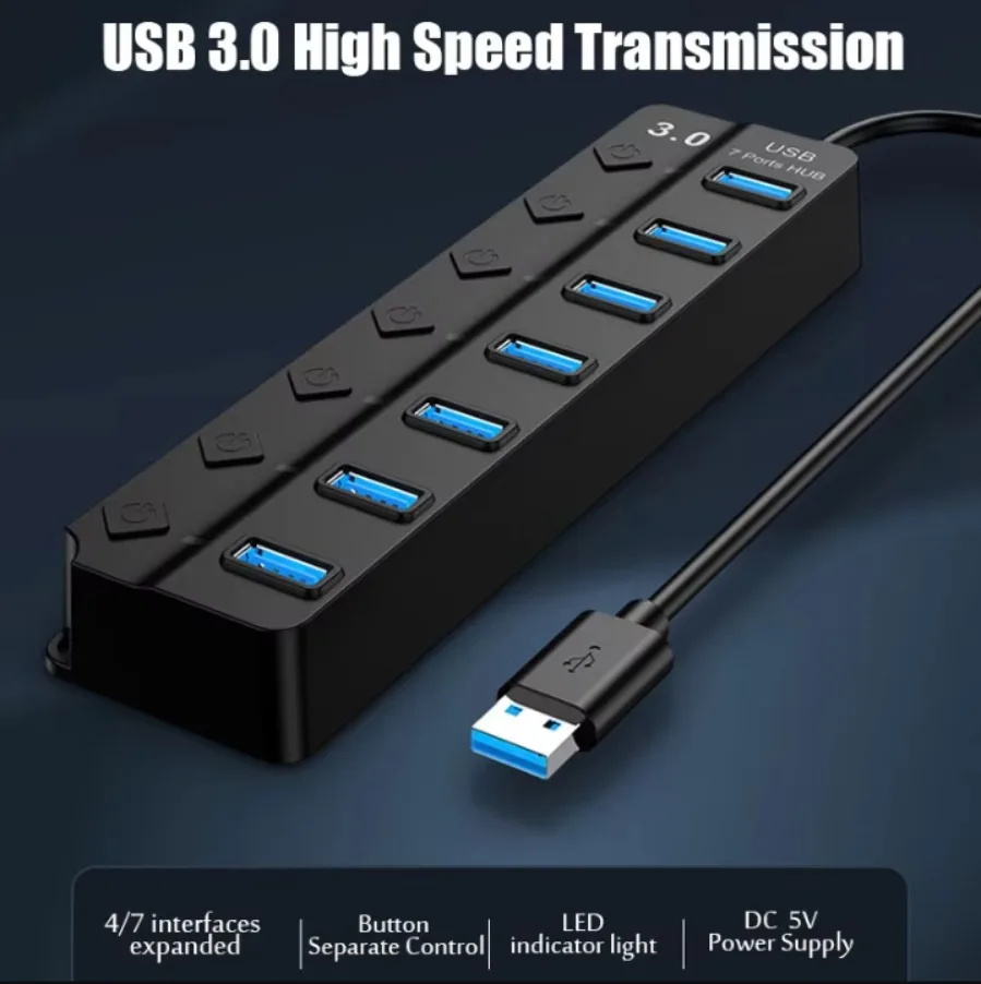 High-Speed 7-Port USB3.0 Hub with Individual Switches and LED Indicators