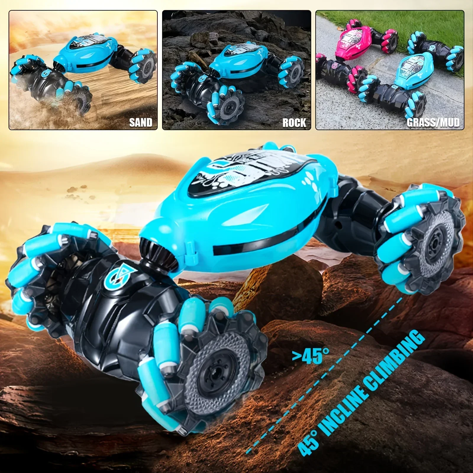 Auto RC con Controllo Gestuale, 4WD 2.4G, Veicolo Telecomandato per Tutti i Terreni, Auto RC Acrobatica a 360° ° Flips con musica e luci - immagine 4