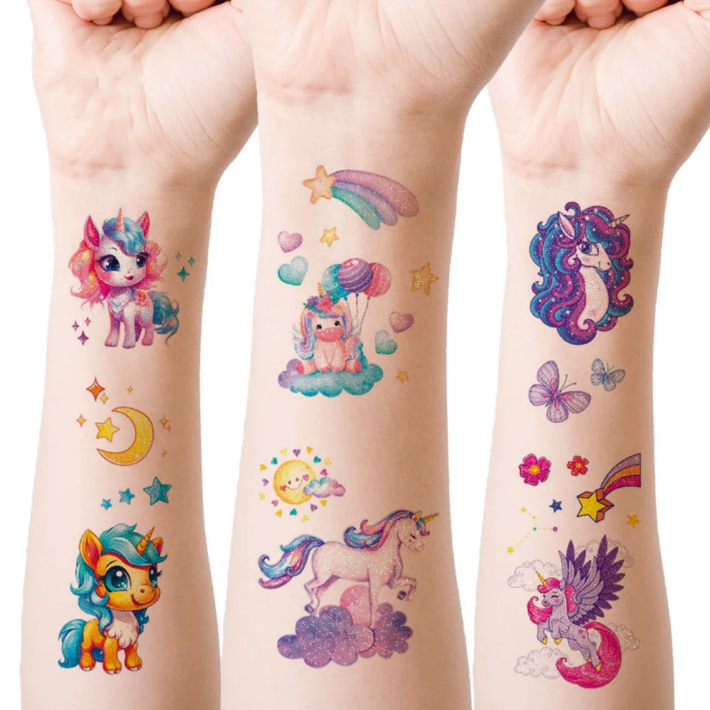 12pcs Glitter Mermaid Unicorn Waterproof Temporary Tattoo Sticker Cartoon  Rainbow Flash Tatto For Kids Arm Body Art Fake Tattoos - AliExpress, image size:1000x1000