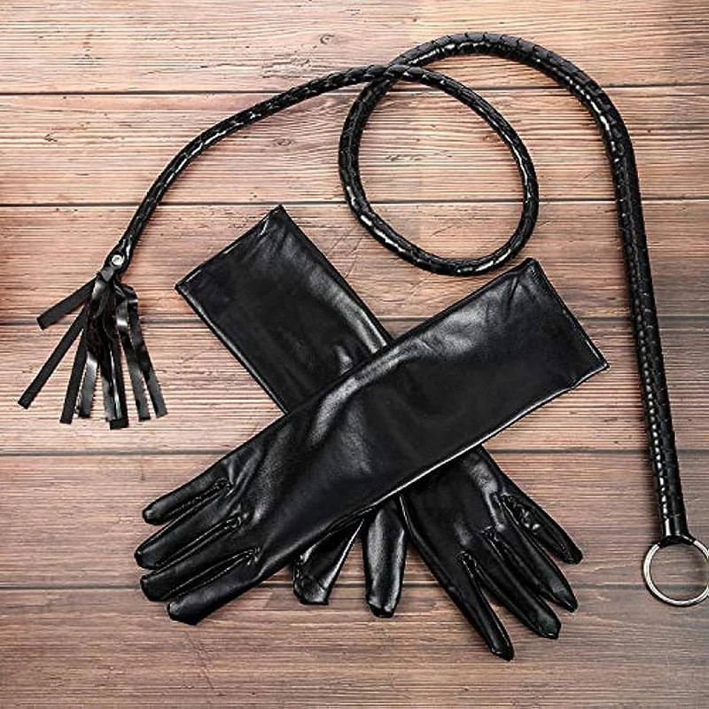 Costume horsewhip Shiny Long Gloves Sexy Elastic Shiny Look Satin Long Gloves Faux Leather Black Whip for Halloween Costume