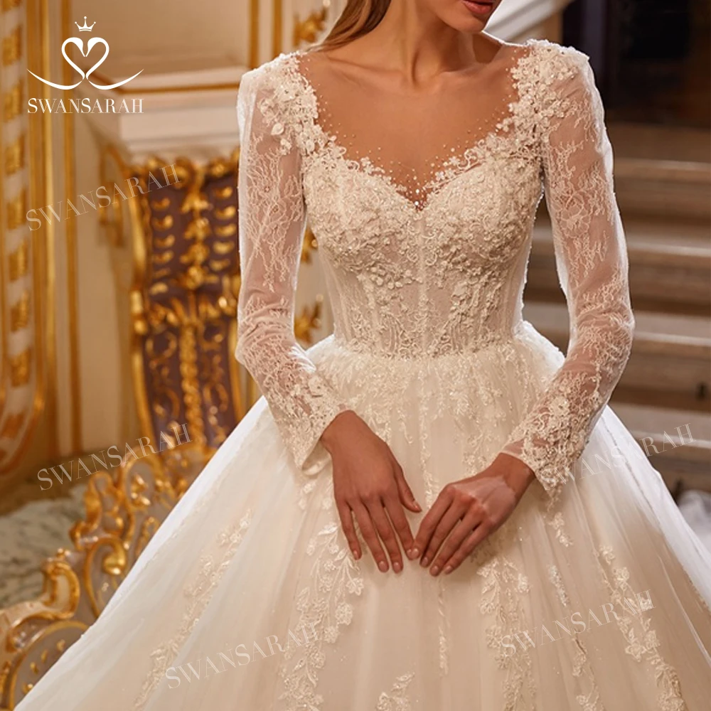 Long Sleeve Wedding Dress 2025 Sweetheart Appliques Bride Ball Gown Royal Train customized SwanSarah AS141 Vestido De Novia 5