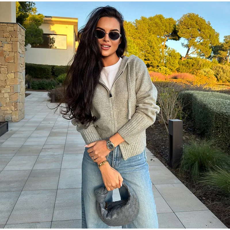 Casual Hooded Cardigans Women Gray Long Sleeve Soft Zipper Ribbed Sweater Female 2025 Spring Fashion Simple Slim-fit Top New
