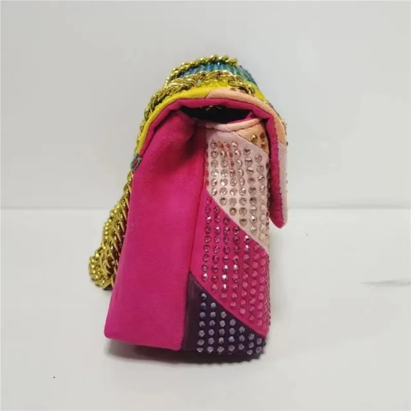 New Rainbow Patchwork Eagle Head Handbag Suede Diamond Women Purse Jointing Colorful Cross Body Bag