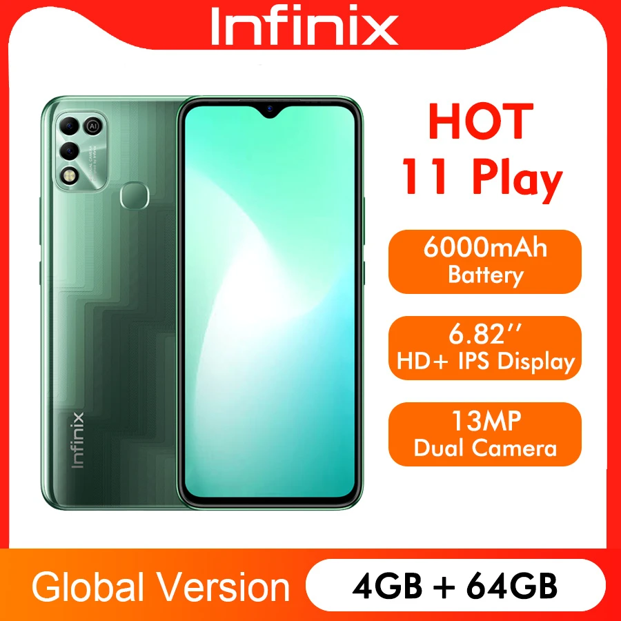 Global Version Infinix Hot 11 Play 6.82'' HD+ Display Smartphone 6000mAh Battery Helio G35 13MP AI Dual Rear Came Android 11 infinix hot new model