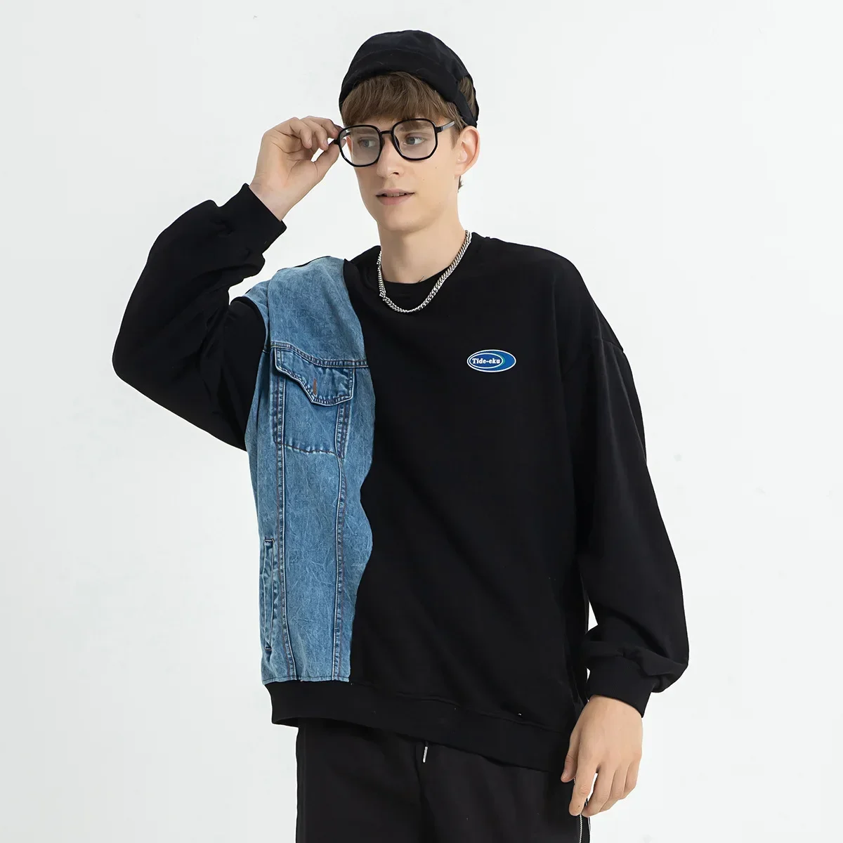 Clothes Men Jeans Patchwork Round Neck Sweatshirt Casual Cotton Vintage Y2k Men Pullover Pink Hoodies Designer Clothes