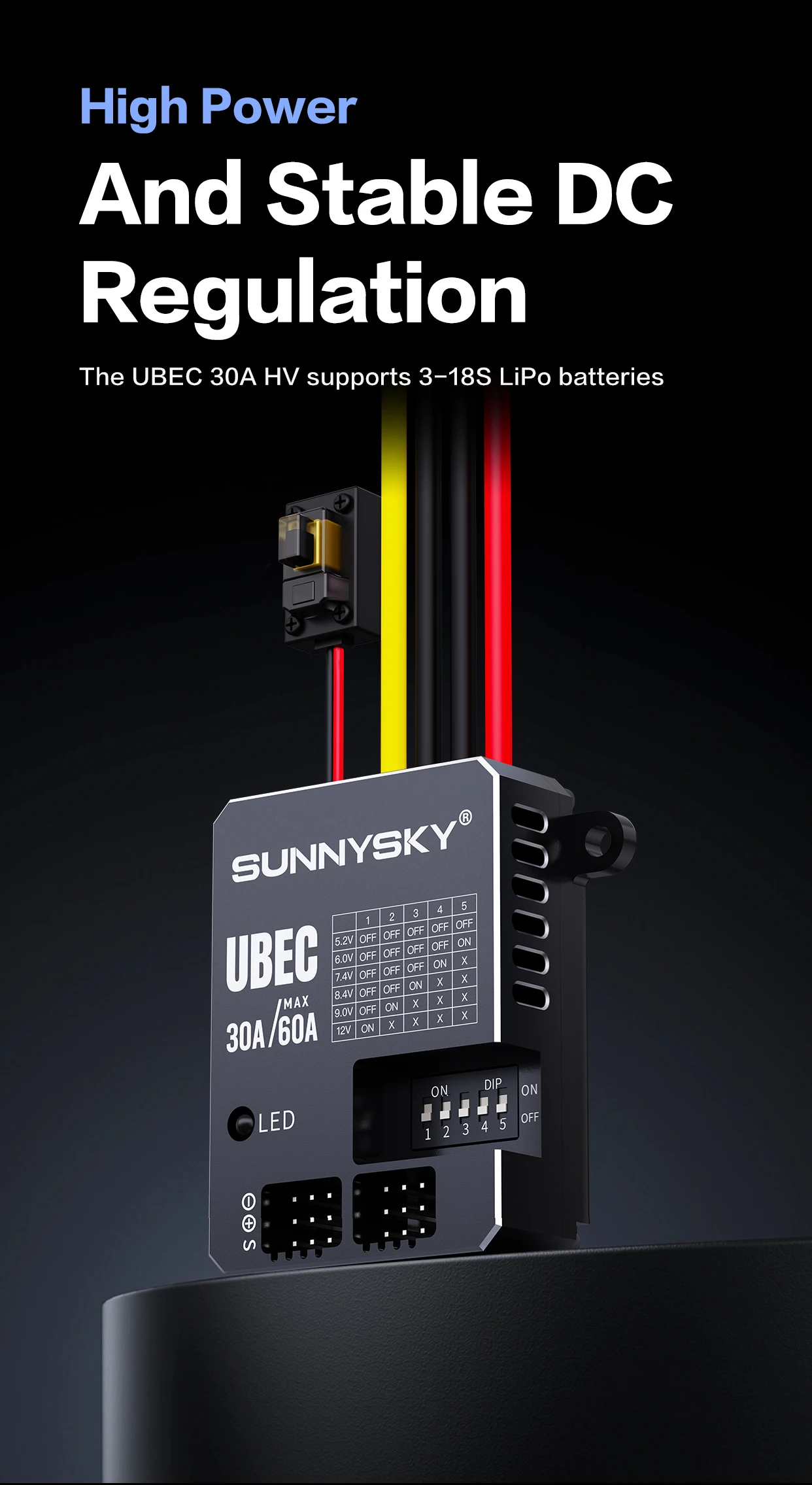 SUNNYSKY 30A HV UBEC 3-18S 9-80V Input Adjustable 5.2/6/7.4/8.4/9/12V Output /8 Parallel Outputs/aluminum Case For RC Model thumbnail 5