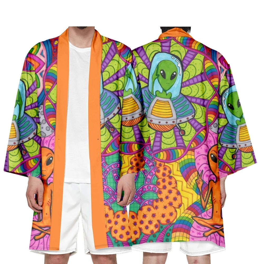 Men's Japanese Long Kimono Cardigan Men's Samurai Clothing Kimono Psychedelic Pattern Shirt Yukata Jacket