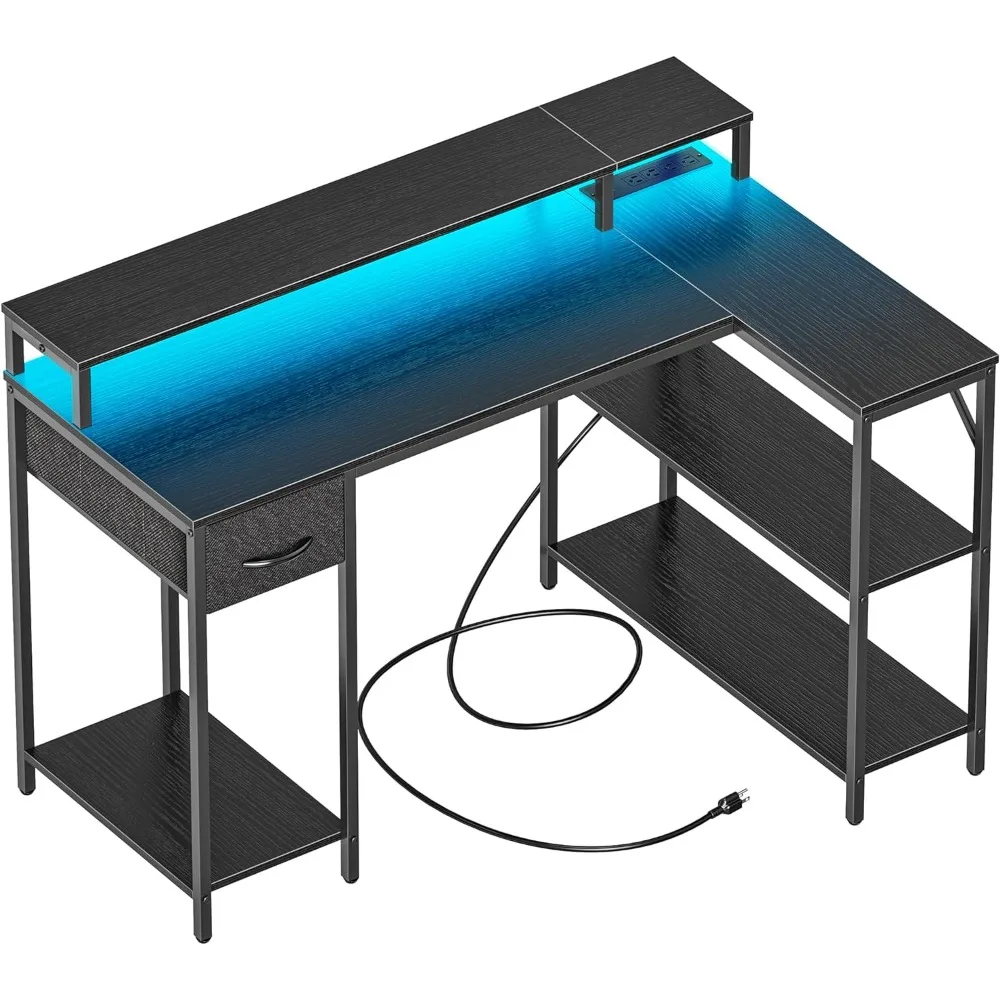 

L Shaped Gaming Desk With LED Lights & Power Outlets Room Desk to Study Furniture Black Table Computer Desks Pliante Reading