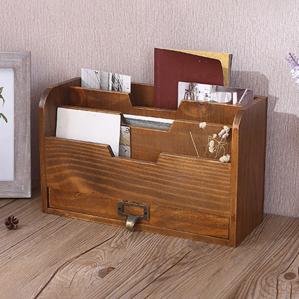 1PC Retro Wooden Desktop Drawer Style Storage Box Office Supplies Document Organizer Wood Box for Desktop Clutter Control 3
