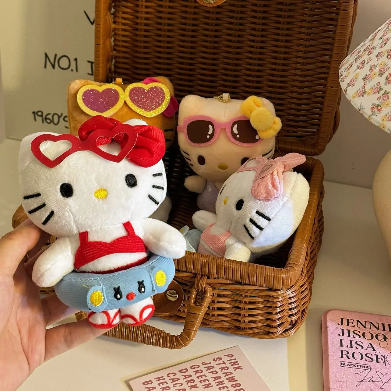10CM Kawaii Black Leather Hello Kitty Keychain Pendant Anime Lifeguard Beach KT Girl's Bag Keychain Women's Christmas Gift Y2K 2