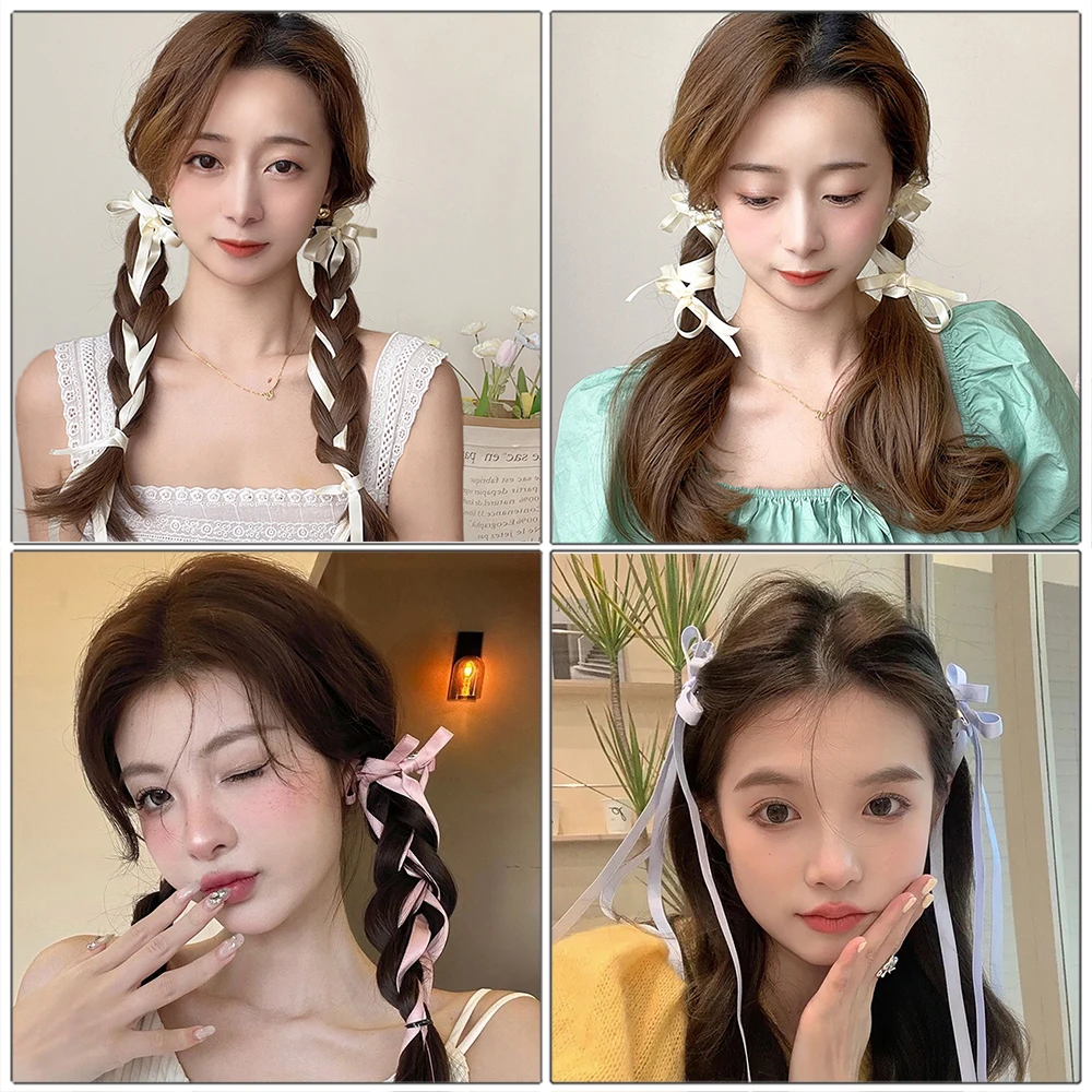 Bow Braided Hair Clip Women Summer Sweet Hairpin Girls Solid Color Ponytail Long Ribbon Bangs Clip Hair Accessories Headwear