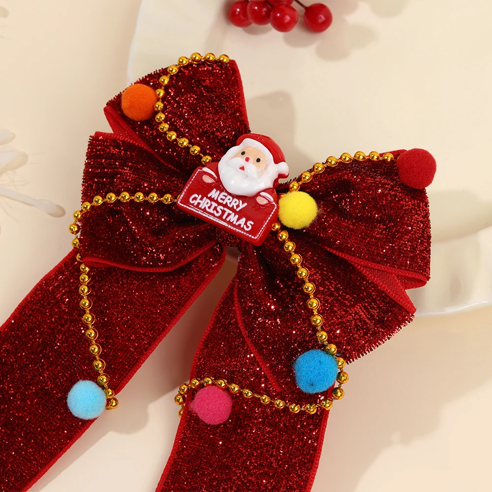 New Year Christmas Bow Hair Clips Christmas Tree Decoration Hairpins Glittery Colorful Pom Poms Barrette For Girls Accessories