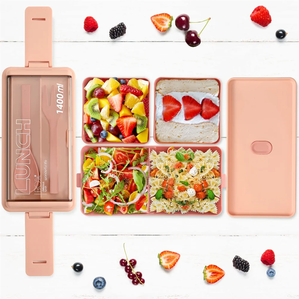 Description Picture 3 of item1Pc Double Layer Portable Lunch Box For Kids With Fork and Spoon Microwave Bento Boxes Dinnerware Set Food Storage Container