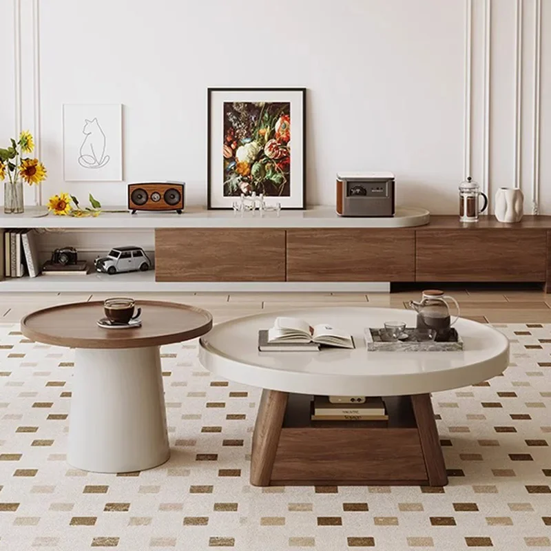 Round Coffee Table, Simple and Stylish Wooden Coffee Table for Living Room Use, Cream Style Living Room Round Table