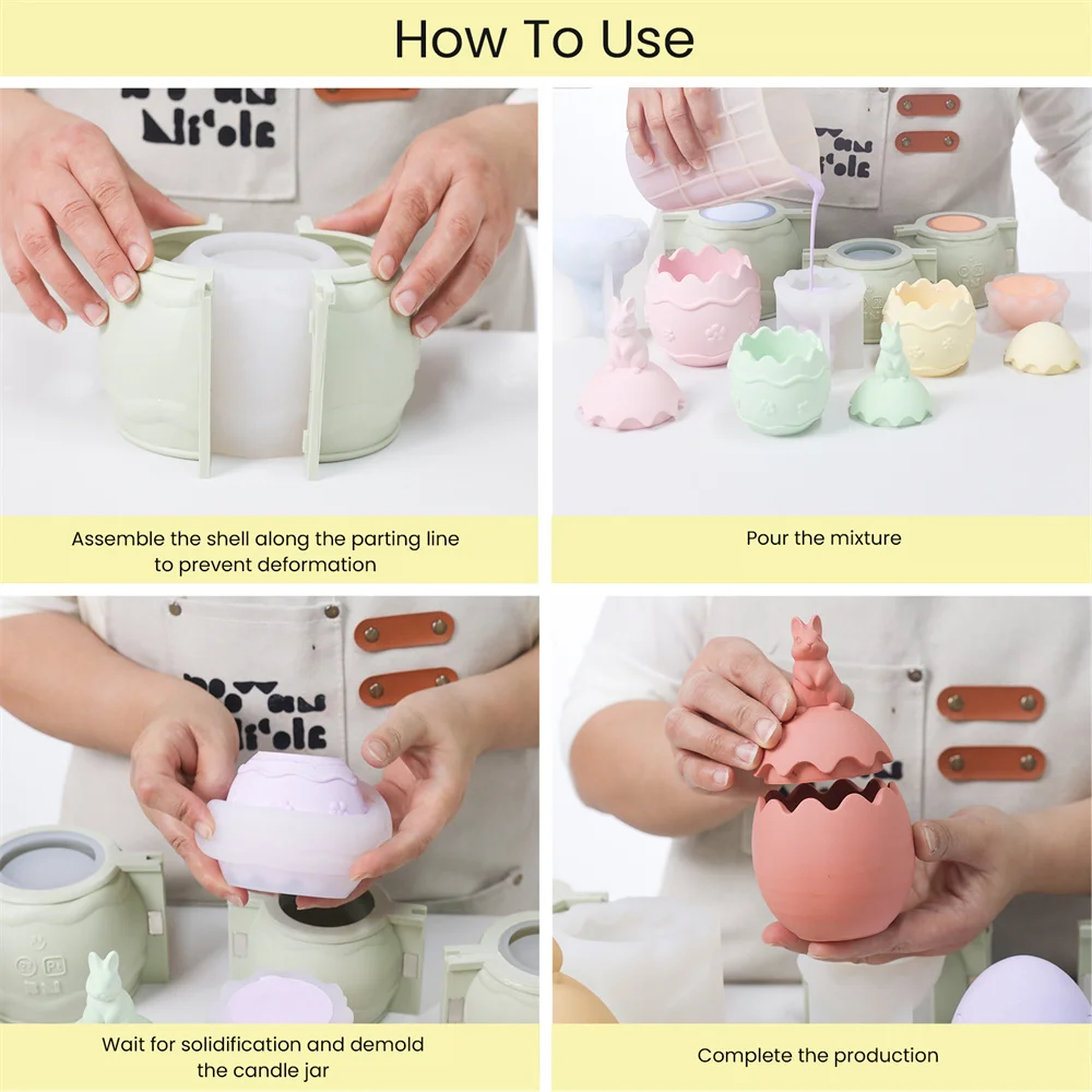 니콜 이스터 에그 캔들 용기 뚜껑 포함 콘크리트 실리콘 몰드 DIY 토끼 캔들 용기 석고 제스모나이트 몰드 이스터 홈 데코