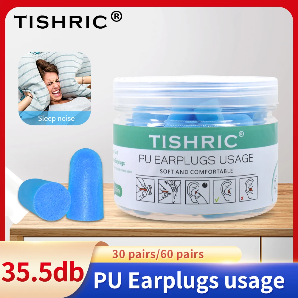 

30/60 Pairs TISHRIC Earplugs Canned Sponge Soundproof PU Noise Reduction Ear plugs 35.5db Anti-Noise Eeduction Sleeping Earplugs