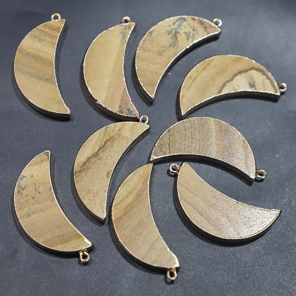 Fashion Natural Picture Stone Crescent Moon Necklace Pendant Gilt Edge Reiki Charms Making DIY Jewelry Accessorie Wholesale 6Pcs