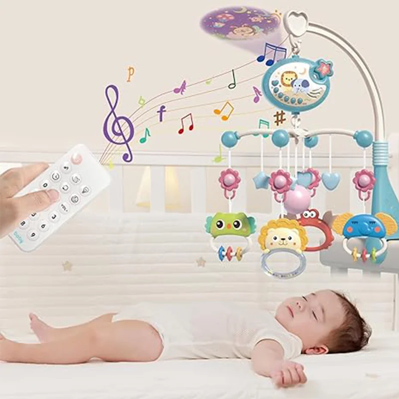 Musical Baby Crib Mobile Lights Remote Control Music Box Rotating Animals Rattles  Ceiling Star Projection Nursery Toys Infants 2