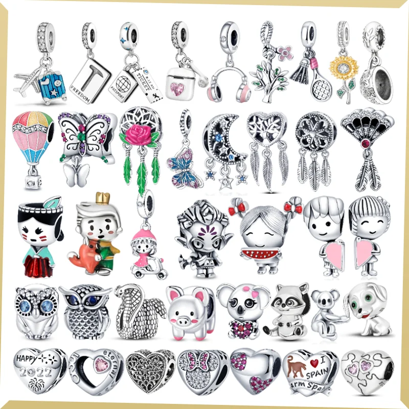 2023 Charms Plata Of Ley 925 Silver Hot Air Balloon  Pendant Owl Cat Love Heart Charms Fit Pandora Bracelets DIY Jewelry Making
