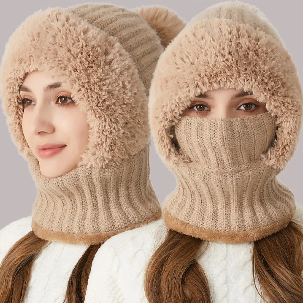 Women's Knitted Hat, Thickened and Velvet Hat, Scarf Mask, One-piece Hat, Winter Warm Hat, Suitable for Outdoor and Travel