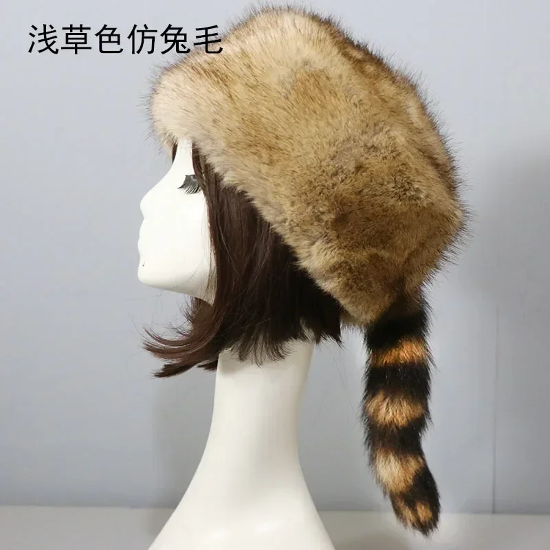 Women Faux Mink Fur Hat With Raccoon Fur Tails Luxury Winter  display picture 2