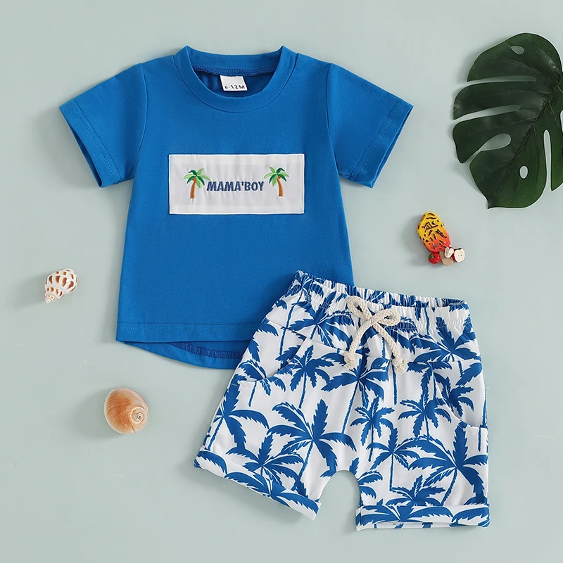 FOCUSNORM 0-4Y Summer Casual Kids Boys Clothes Set Short Sleeve Letter Embroidery T-shirt with Tree Print Shorts