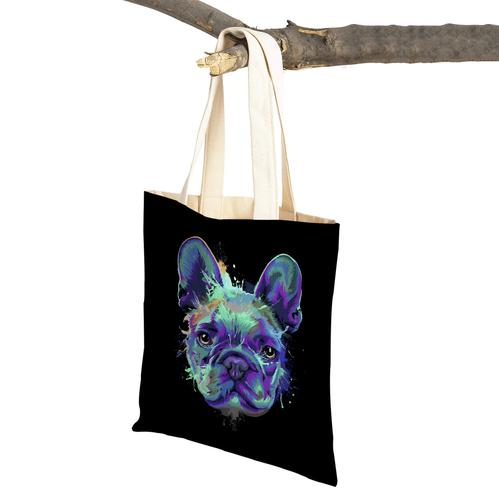 

Watercolor Colorful Pet Animal Eco Shopping Bag Cartoon Black Dog Women Canvas Tote Handbag Cute Lady Shopper Shoulder Bags