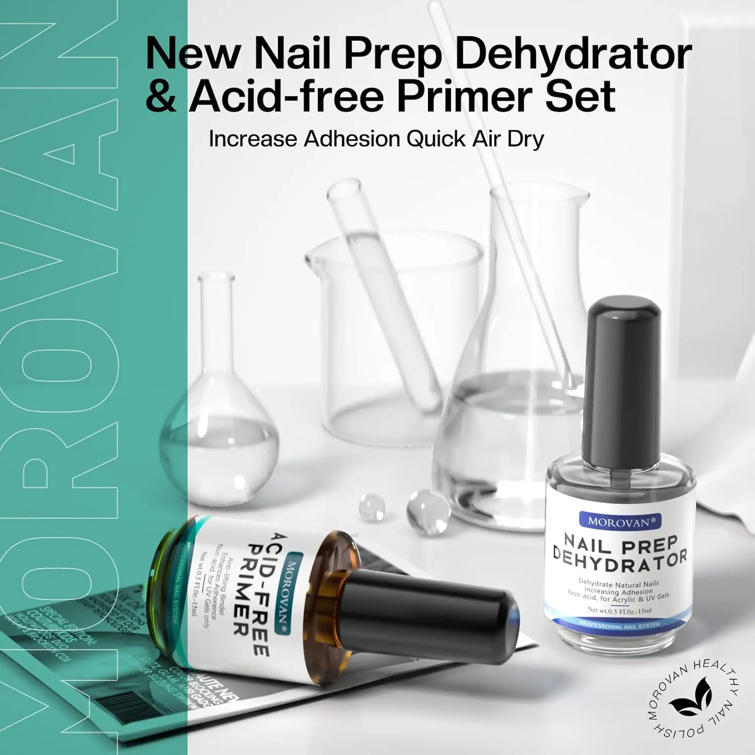 Professional Natural Nail Prep Dehydrator and Nail Acid-Free Primer Set,  Fast Air Dry For Gel Polish & Acrylic Powder 0.5oz