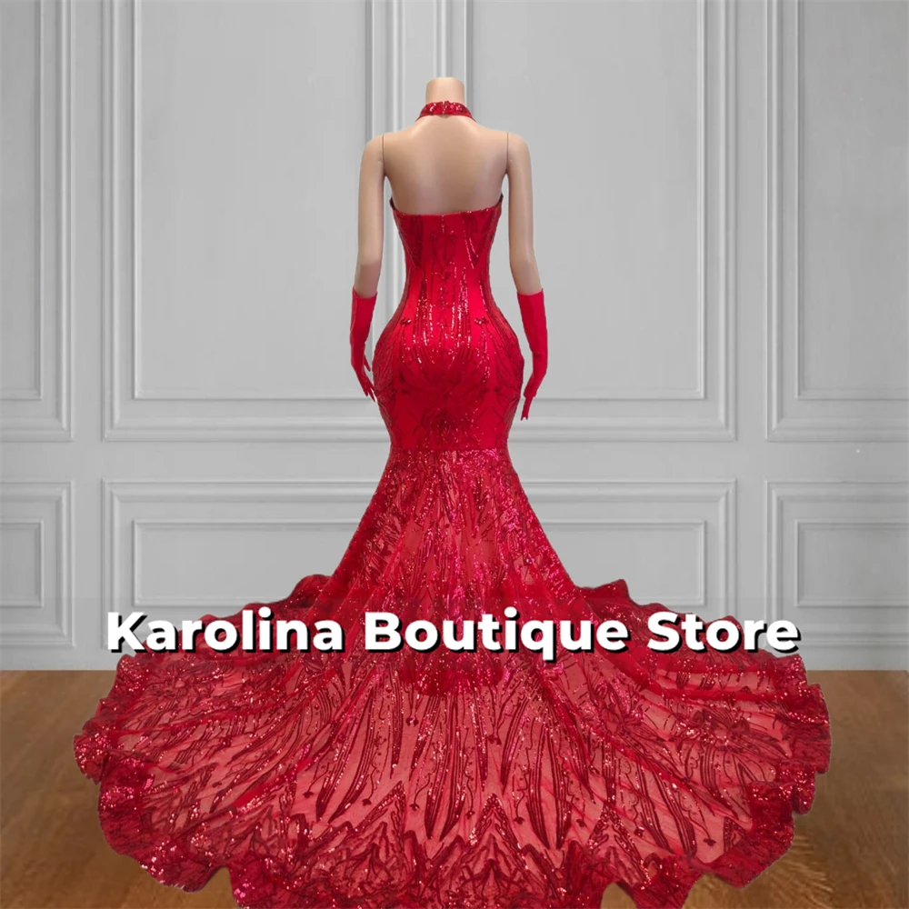Giltter Red Sequined Lace Luxury Prom Dresses Halter Beaded Rhinestones With Gloves For Blackgirls African Customized