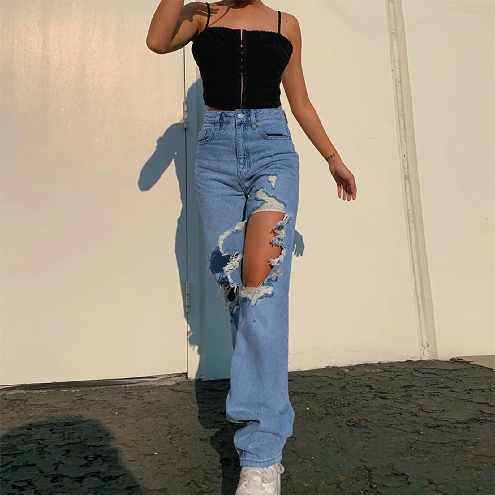 

High Waist Jeans Color Asymmetric Ripped Jeans Straight-Leg Women Fashion Solid Pants Straight Jeans Women Bell Bottom Jeans