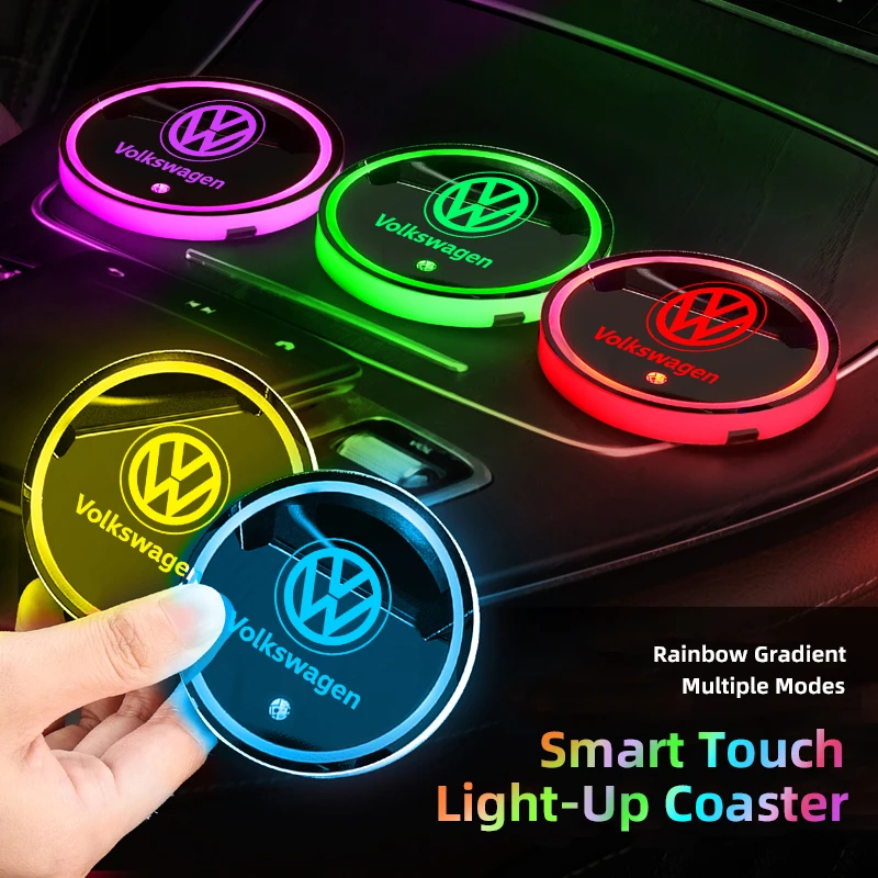 LED 자동차 컵홀더 패드 충전식 자동 분위기 조명 (폭스바겐 VW GTI 폴로 골프 파사트 티구안 아테온 투아렉 CC 타이고 용)
