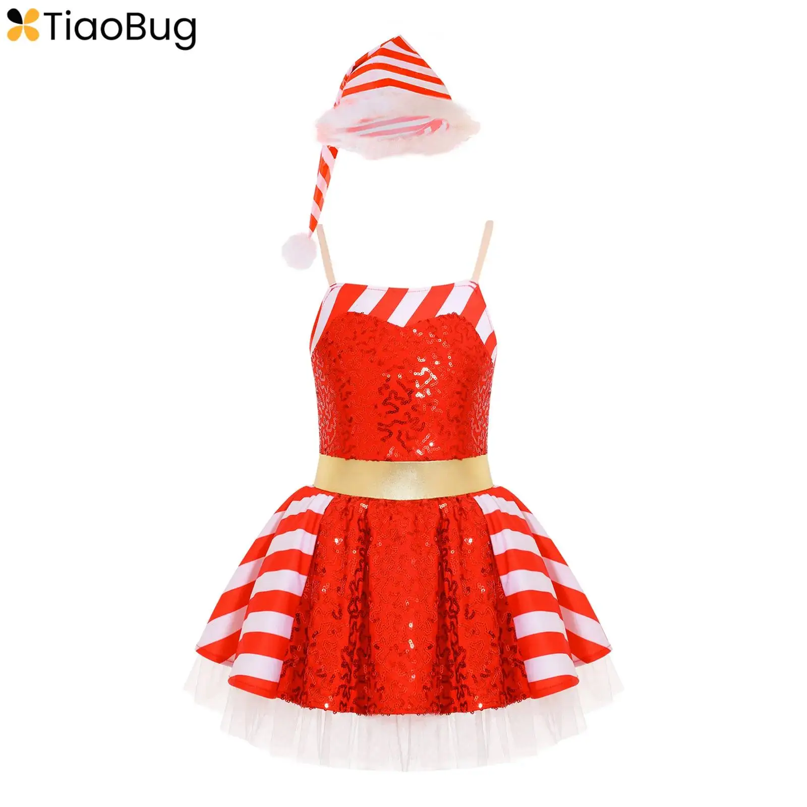 

Kids Girls Christmas Candy Cane Costume Ballet Dance Skating Sequin Striped Tutu Dress with Hat Xmas Party Santa Claus Cosplay