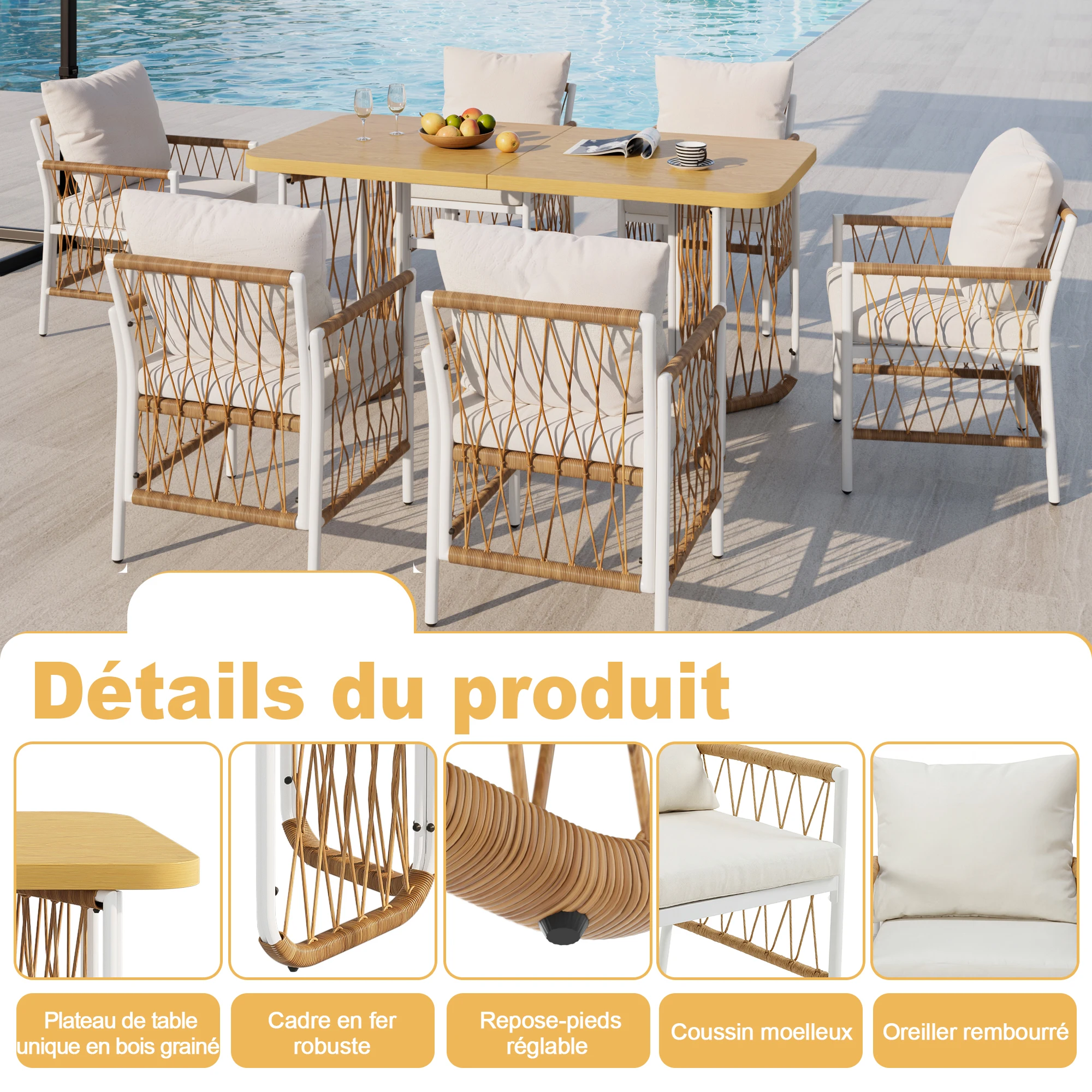 Modernes Outdoor-Set, Freizeit- und Besprechungsset für mehrere Personen, Eisenrahmen, geflochtene Armlehnen, Sitzkissen inklusive. – Detail 13