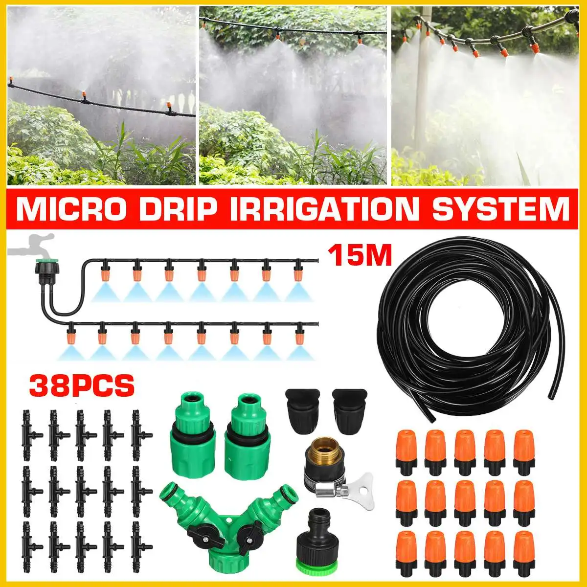 

38PCS/15M DIY Micro Drip Irrigation Sprinkler System Plant Self Watering Dripper Garden Hose Kits 2-Way Connector