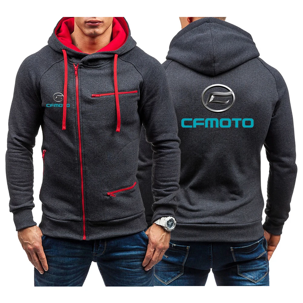 2023 Spring Autumn Cfmoto Logo Print Long Sleeve Oblique Zip Cardigan Hoodies Men Casual Solid Color Hooded Pullover Trendy Coat