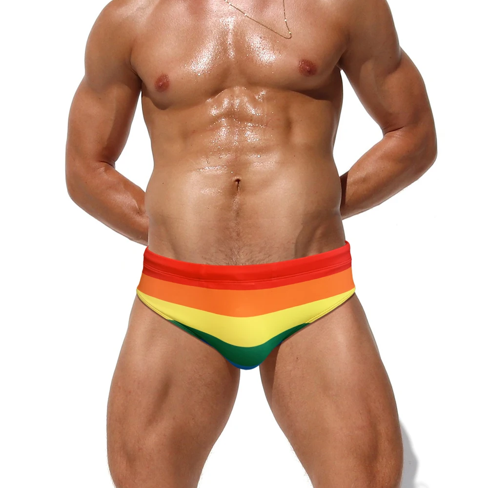 

Europe America Rainbow Swim Briefs Sexy Men Low Waist Bikini Swimwear Pad Push Up Bathing Suit Fashion Sport Beach Surf Trunks