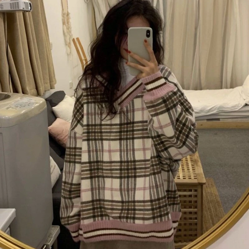 

Deeptown Korean Style Check Oversize Sweater Women Vintage Japanese Preppy Style Plaid Knitted Top Harajuku Casual Jumper Female