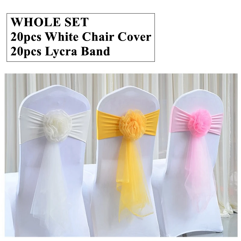 

Hot Sale 20pcs White Banquet Chair Cover With 20Set Ball Lycra Spandex Chair Band Sash Wedding Event Hotel Decoration