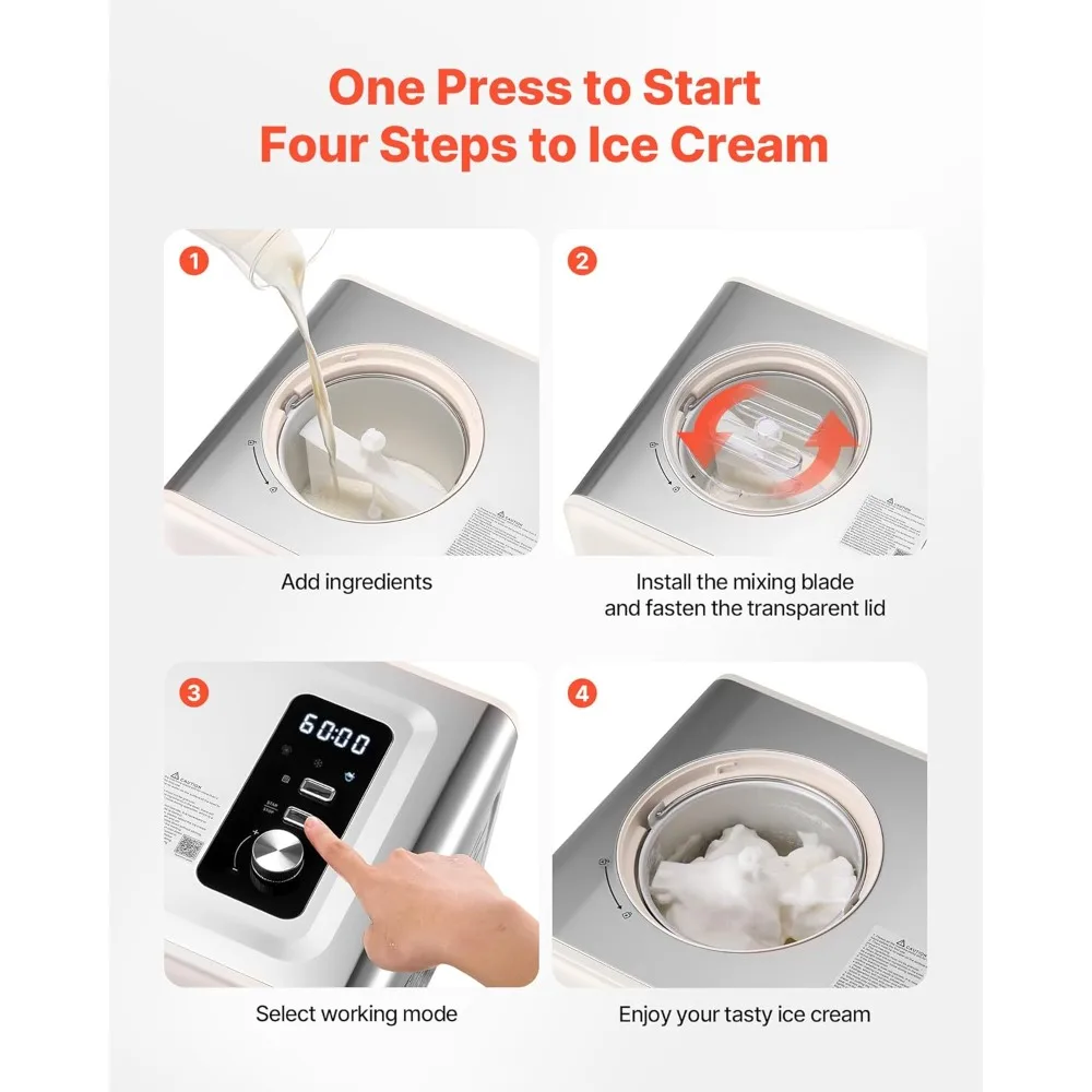 VEVOR Self-Contained Ice Cream Machine - 2 Quart Gelato & Sorbet Maker with Compressor, 3 Operating Modes
