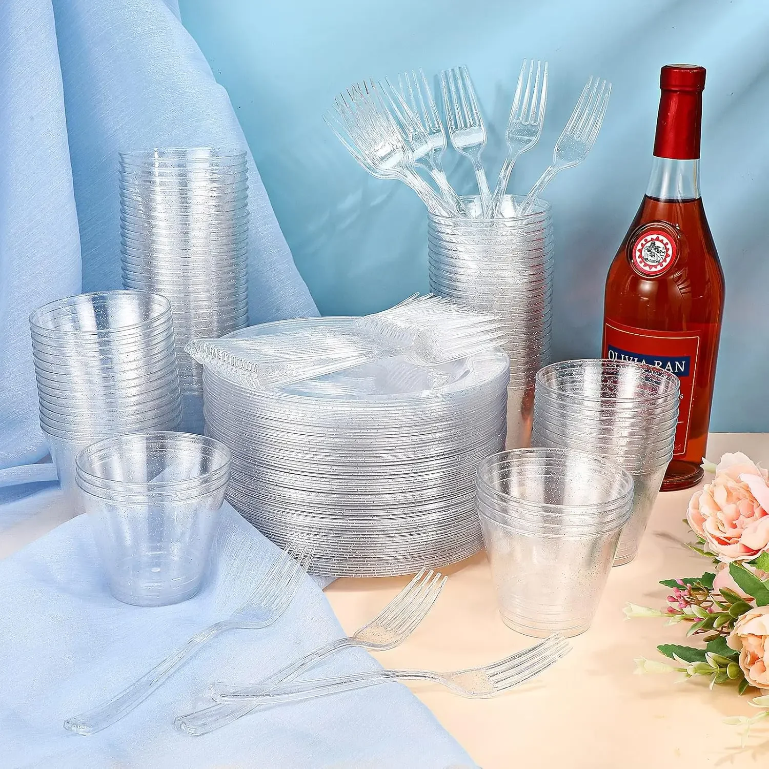 300 Pcs Plastic Dinnerware Set Disposable for Party, 100 Glitter Plastic Plates 7.5 Inch,100 Cup 9 Oz, 100 Dessert Forks
